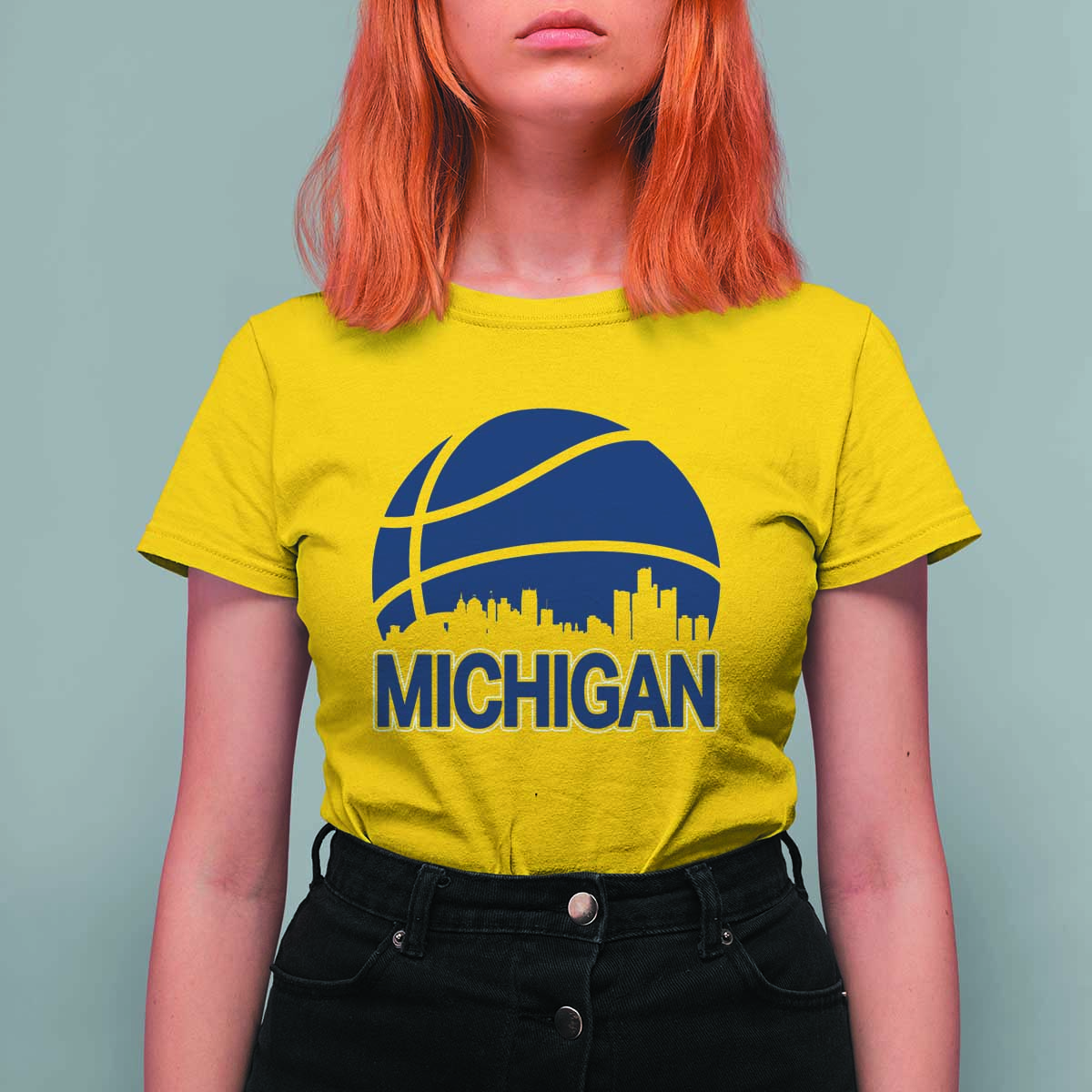 Vintage Urban Michigan Skyline T Shirt For Women Gift For Basketball Fan