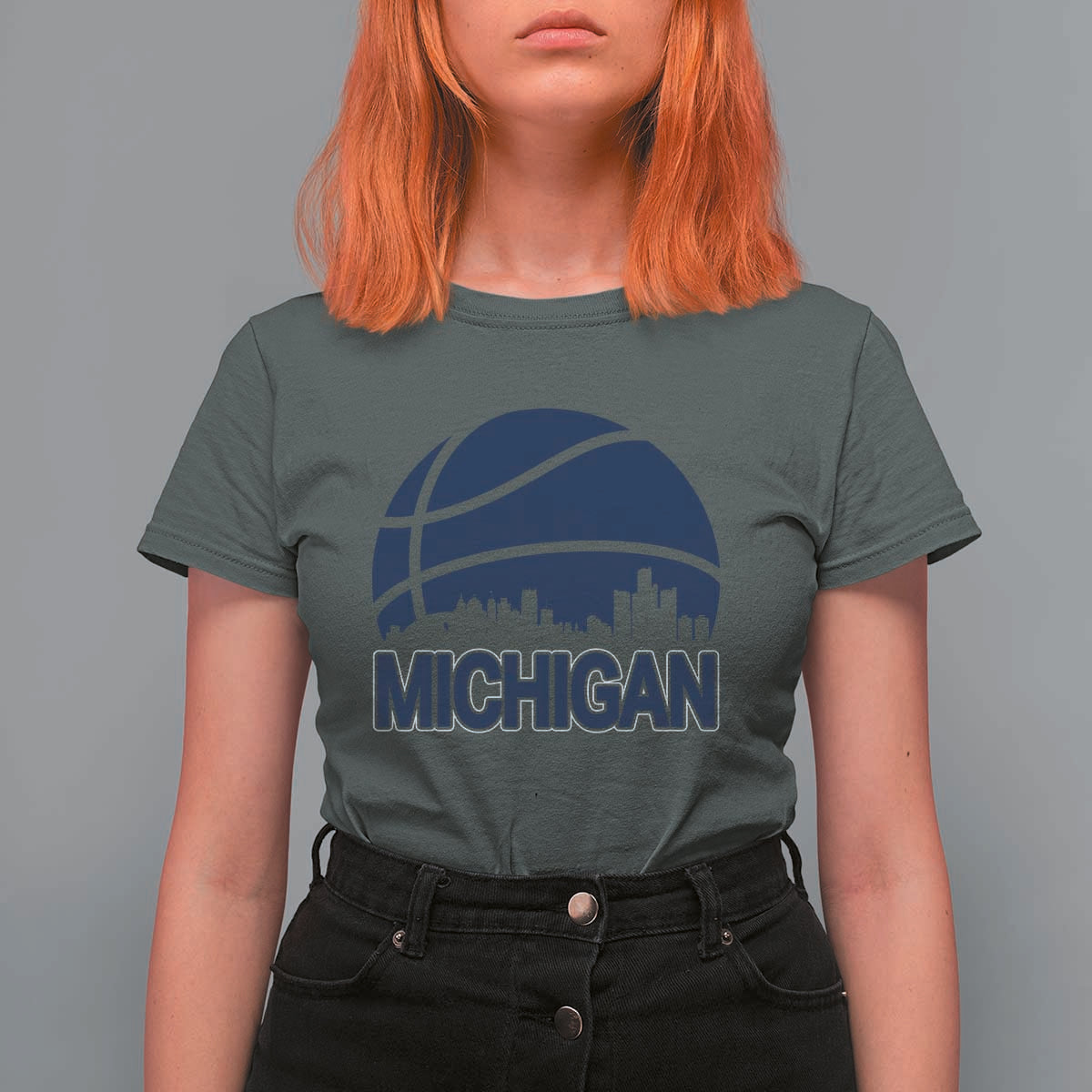 Vintage Urban Michigan Skyline T Shirt For Women Gift For Basketball Fan