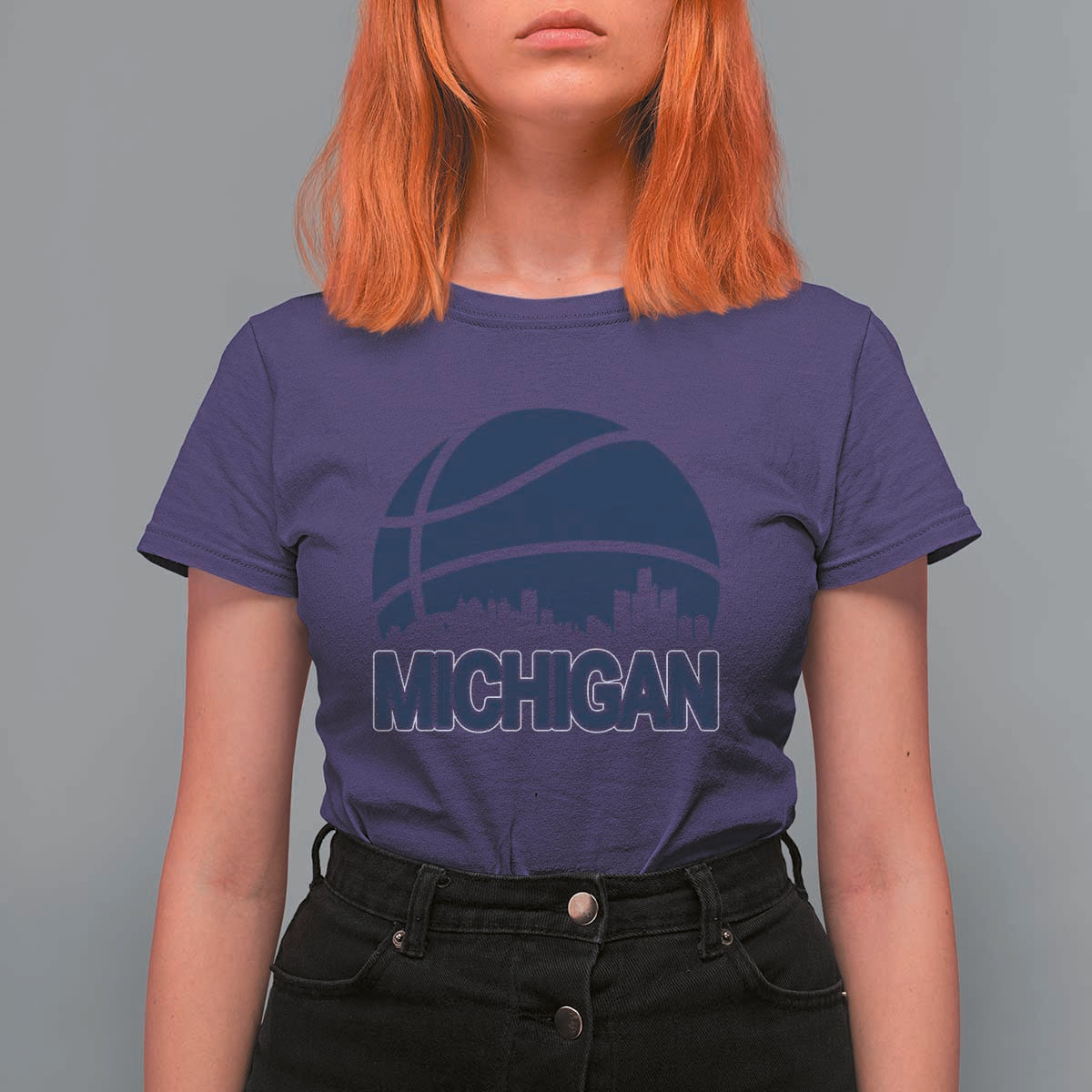 Vintage Urban Michigan Skyline T Shirt For Women Gift For Basketball Fan