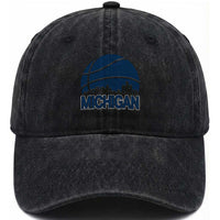Vintage Urban Michigan Skyline Washed Cotton Baseball Cap Gift For Basketball Fan