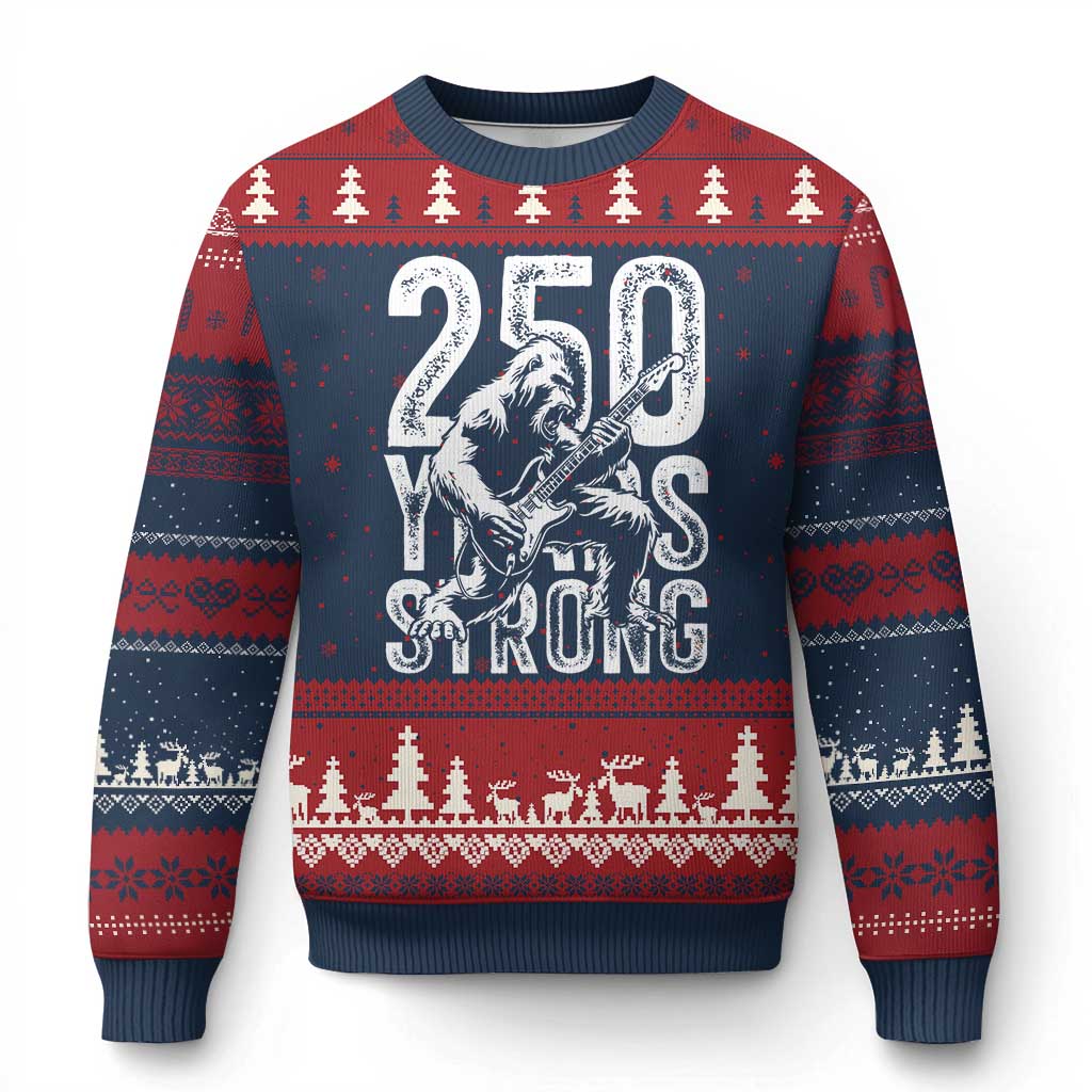 250 Years Strong Bigfoot Guitar Ugly Christmas Sweater USA 250th Anniversary Gift
