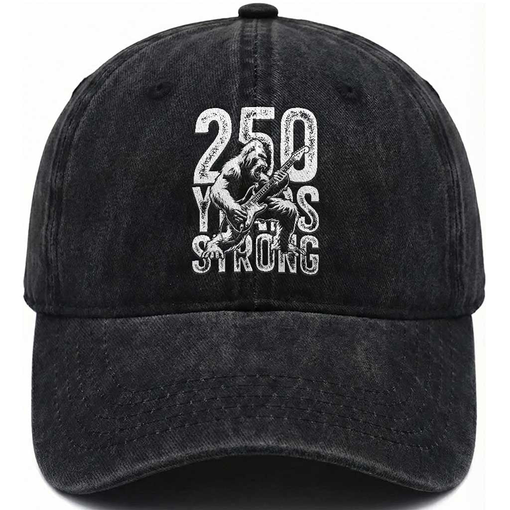 250 Years Strong Bigfoot Guitar Washed Cotton Baseball Cap USA 250th Anniversary Gift