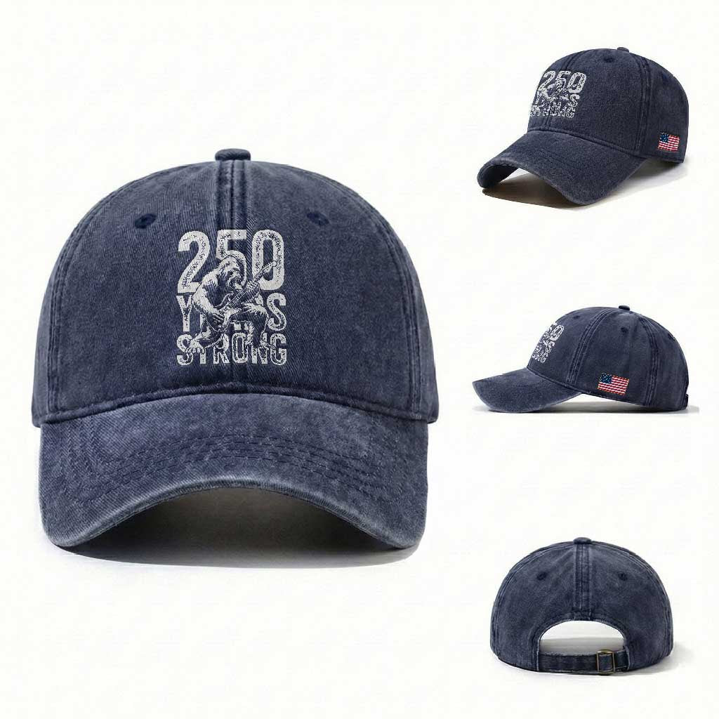 250 Years Strong Bigfoot Guitar Washed Cotton Baseball Cap USA 250th Anniversary Gift