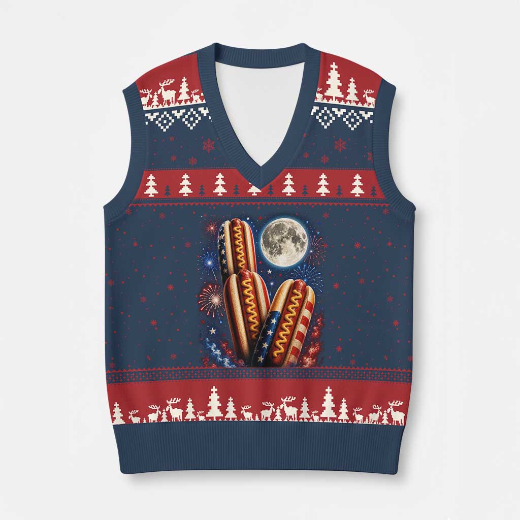 4th Of July Hotdog Fireworks V-Neck Knit Sweater Vest American Food Lovers