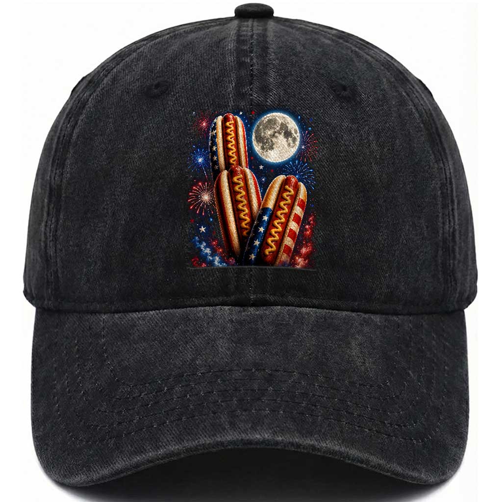 4th Of July Hotdog Fireworks Washed Cotton Baseball Cap American Food Lovers