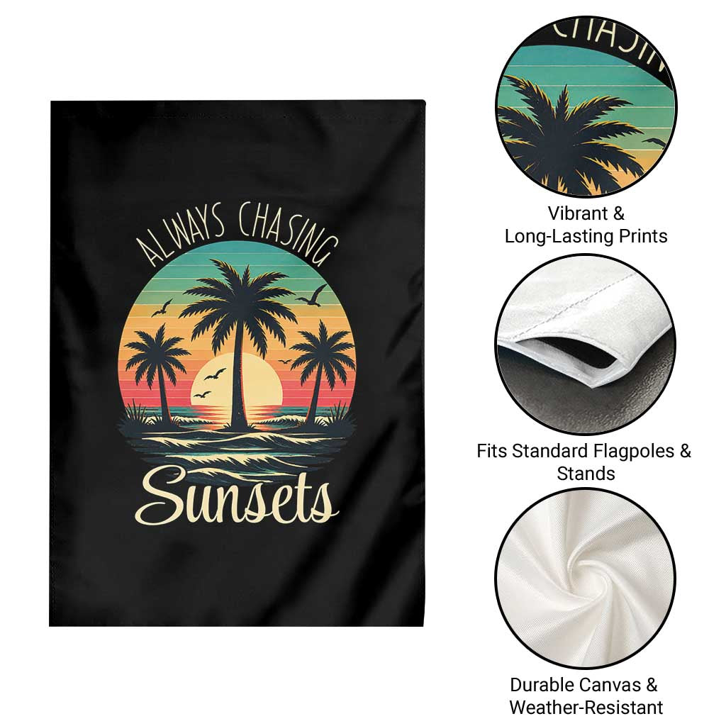 Vintage Always Chasing Sunsets Garden Flag Hawaiian Tropical Beach Graphic