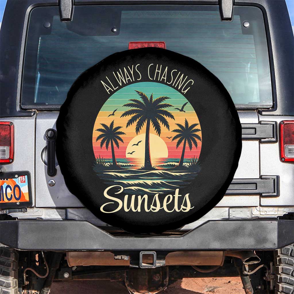 Vintage Always Chasing Sunsets Spare Tire Cover Hawaiian Tropical Beach Graphic