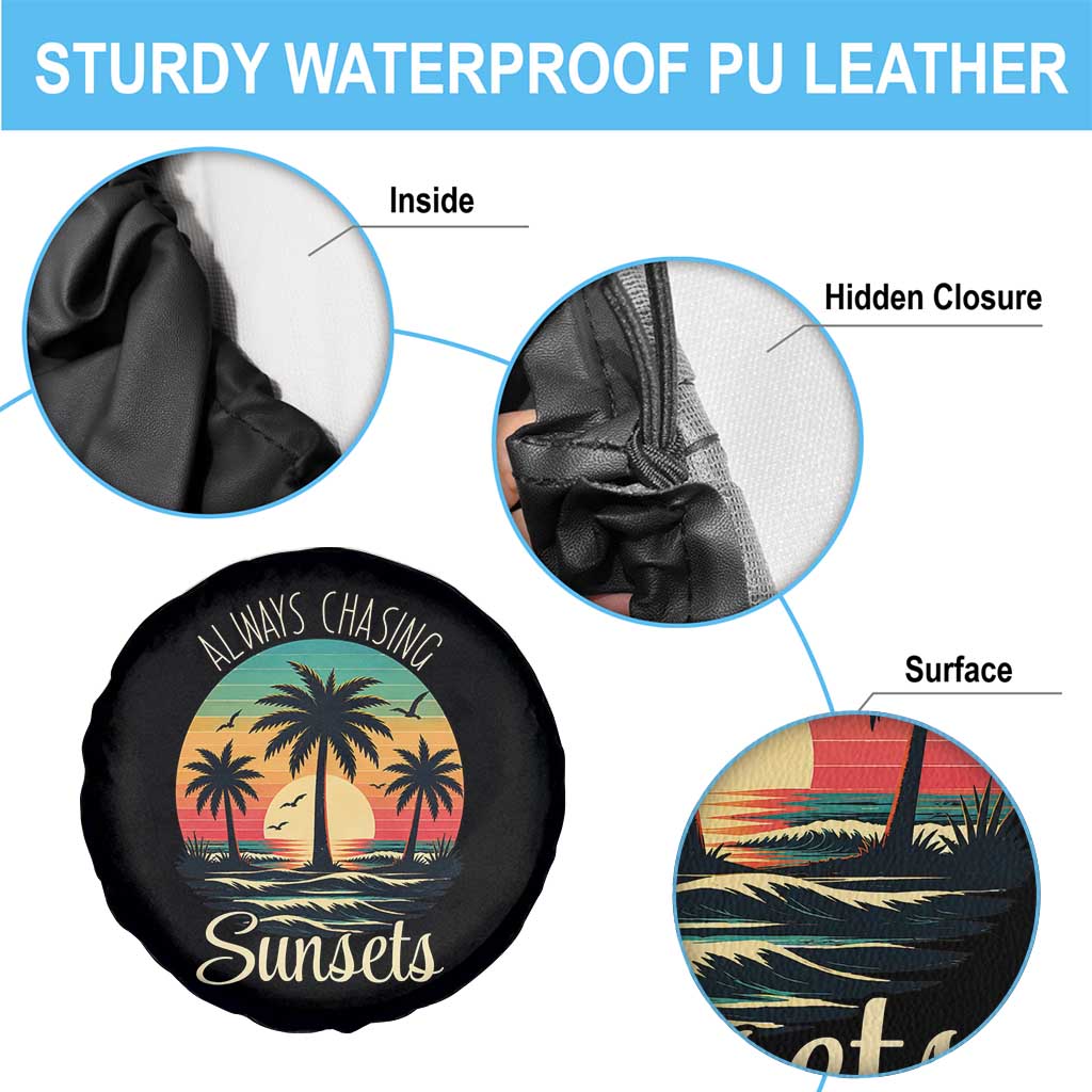 Vintage Always Chasing Sunsets Spare Tire Cover Hawaiian Tropical Beach Graphic