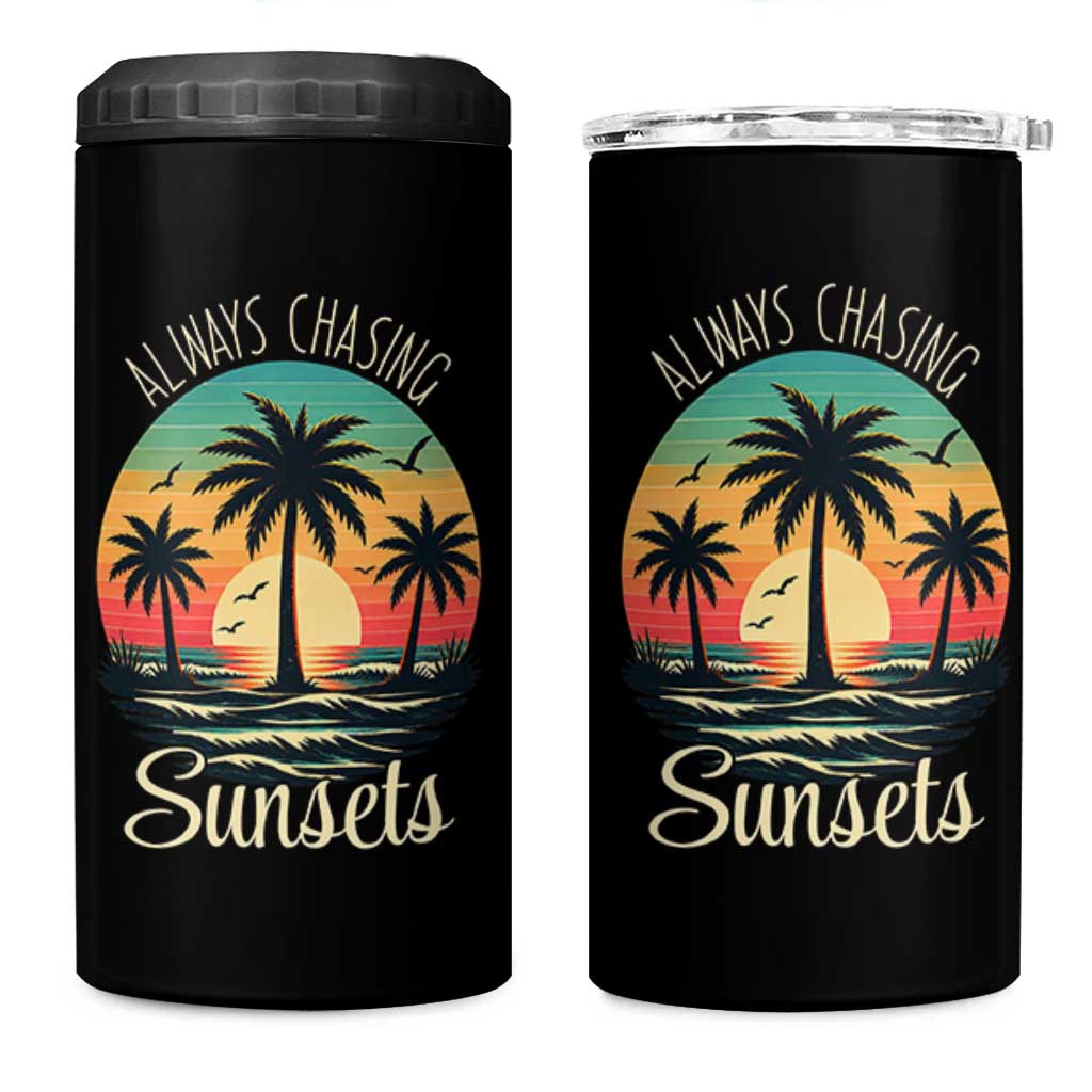 Vintage Always Chasing Sunsets 4 in 1 Can Cooler Tumbler Hawaiian Tropical Beach Graphic
