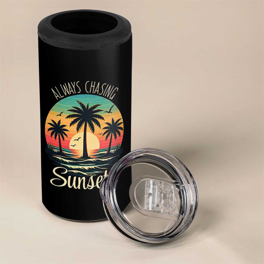 Vintage Always Chasing Sunsets 4 in 1 Can Cooler Tumbler Hawaiian Tropical Beach Graphic