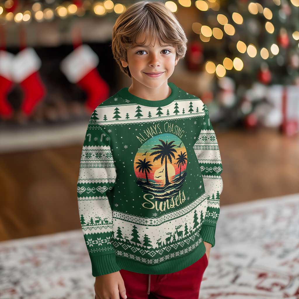 Vintage Always Chasing Sunsets Ugly Christmas Sweater Hawaiian Tropical Beach Graphic