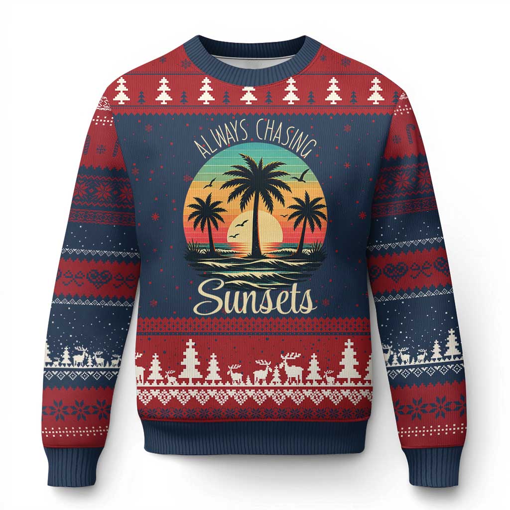 Vintage Always Chasing Sunsets Ugly Christmas Sweater Hawaiian Tropical Beach Graphic