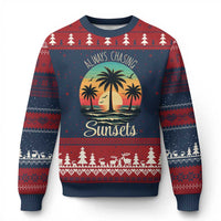 Vintage Always Chasing Sunsets Ugly Christmas Sweater Hawaiian Tropical Beach Graphic