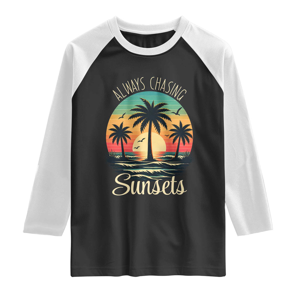 Vintage Always Chasing Sunsets Raglan Shirt Hawaiian Tropical Beach Graphic