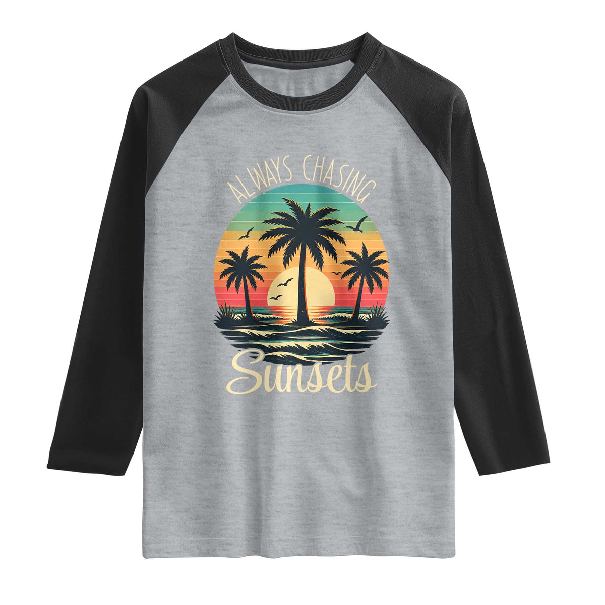 Vintage Always Chasing Sunsets Raglan Shirt Hawaiian Tropical Beach Graphic