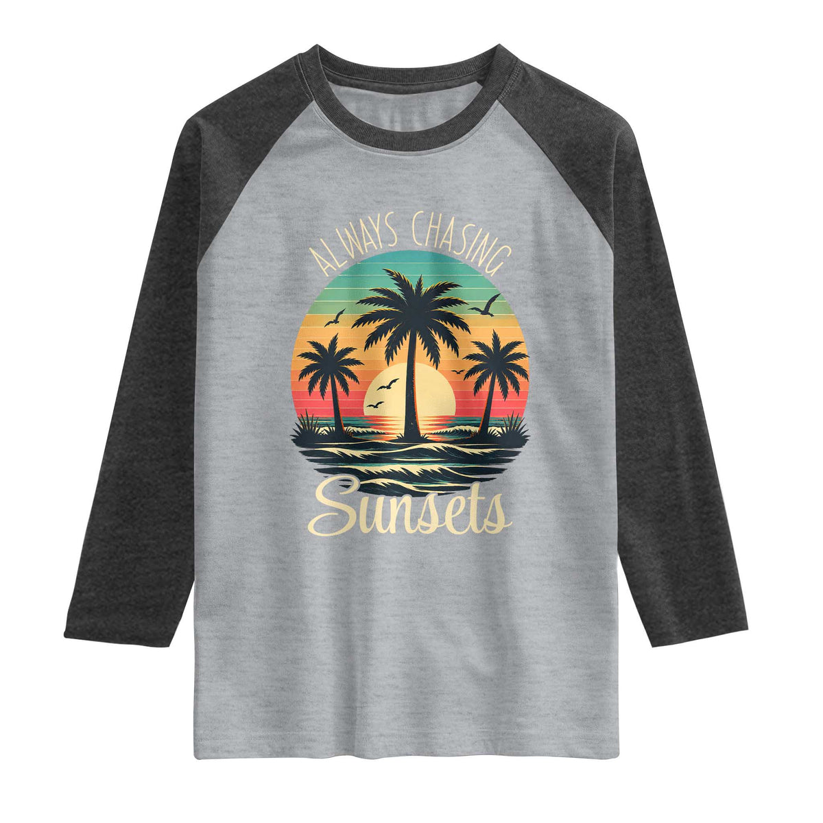 Vintage Always Chasing Sunsets Raglan Shirt Hawaiian Tropical Beach Graphic