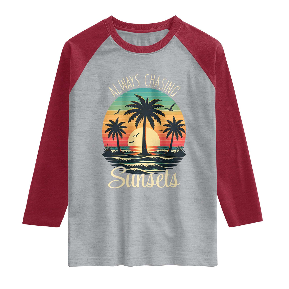 Vintage Always Chasing Sunsets Raglan Shirt Hawaiian Tropical Beach Graphic