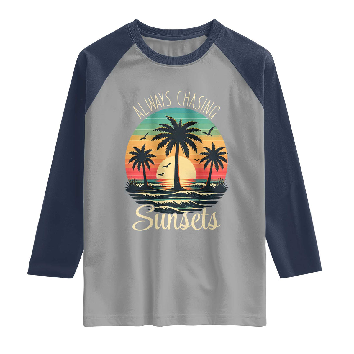 Vintage Always Chasing Sunsets Raglan Shirt Hawaiian Tropical Beach Graphic