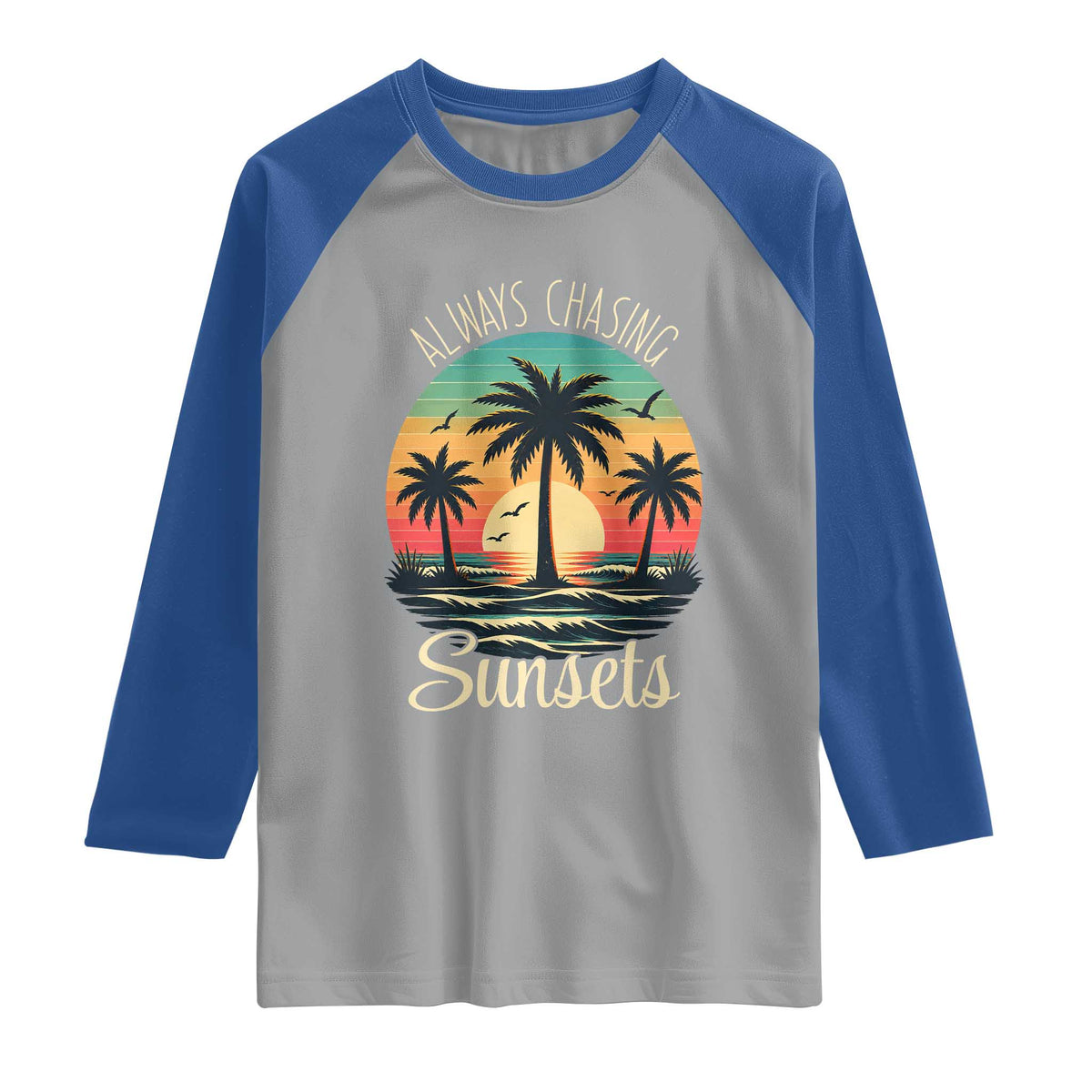 Vintage Always Chasing Sunsets Raglan Shirt Hawaiian Tropical Beach Graphic