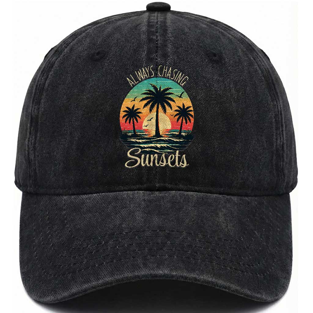 Vintage Always Chasing Sunsets Washed Cotton Baseball Cap Hawaiian Tropical Beach Graphic