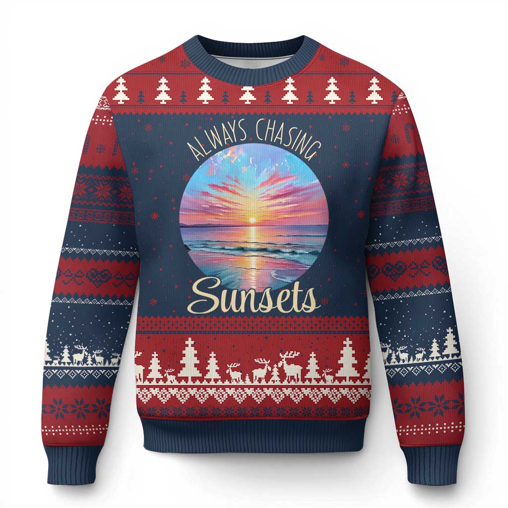 Always Chasing Sunsets Ugly Christmas Sweater Summer Vacation Travel Gift