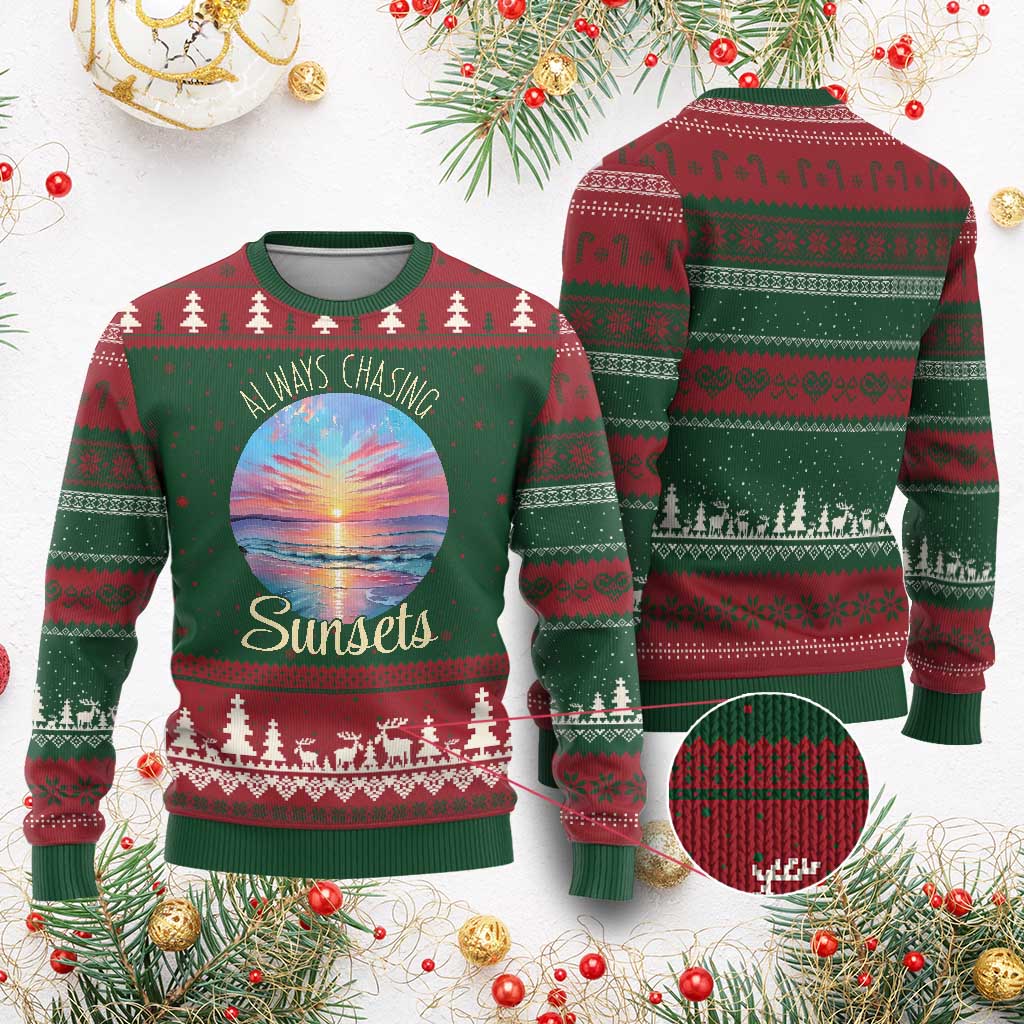 Always Chasing Sunsets Ugly Christmas Sweater Summer Vacation Travel Gift