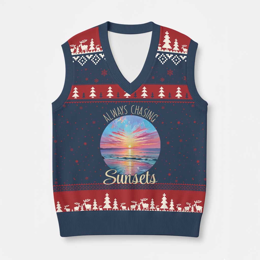 Always Chasing Sunsets V-Neck Knit Sweater Vest Summer Vacation Travel Gift
