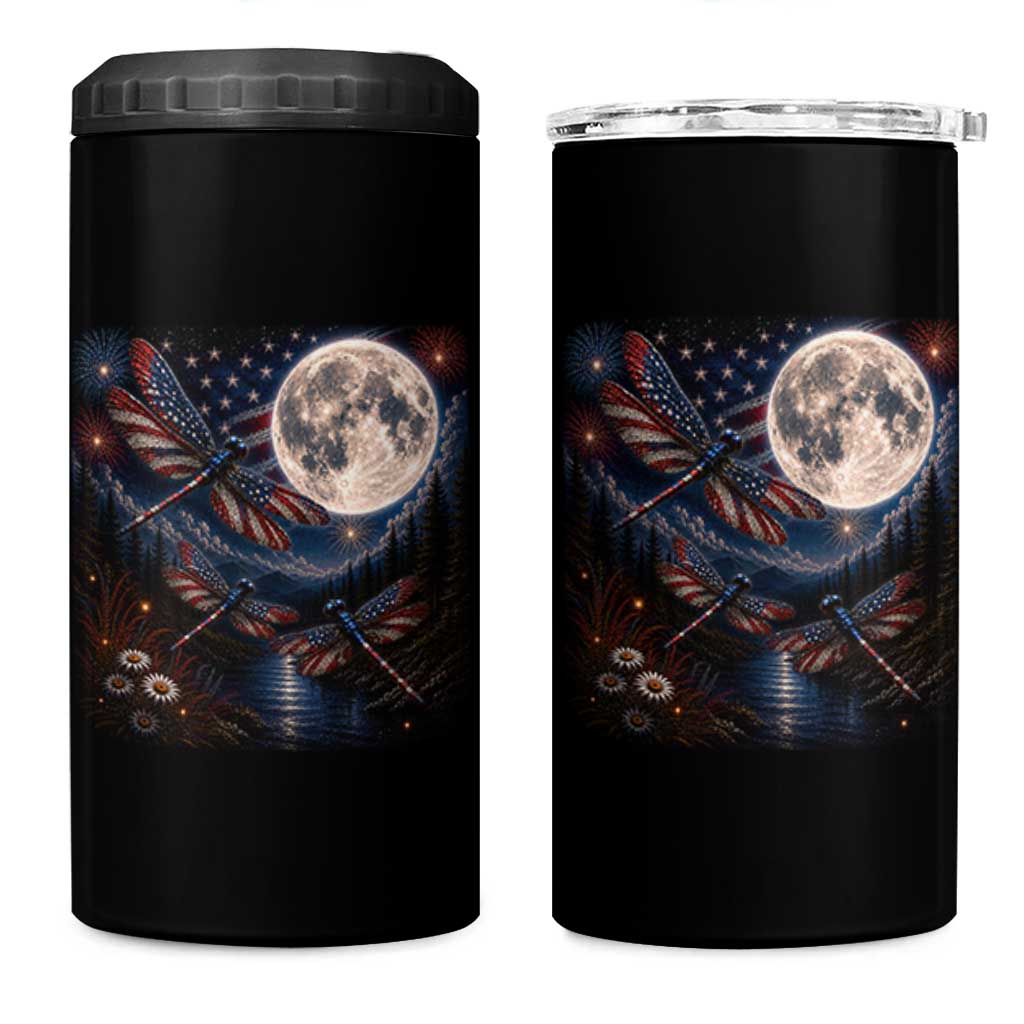 American Flag Dragonfly Patriotic 4th Of July 4 in 1 Can Cooler Tumbler