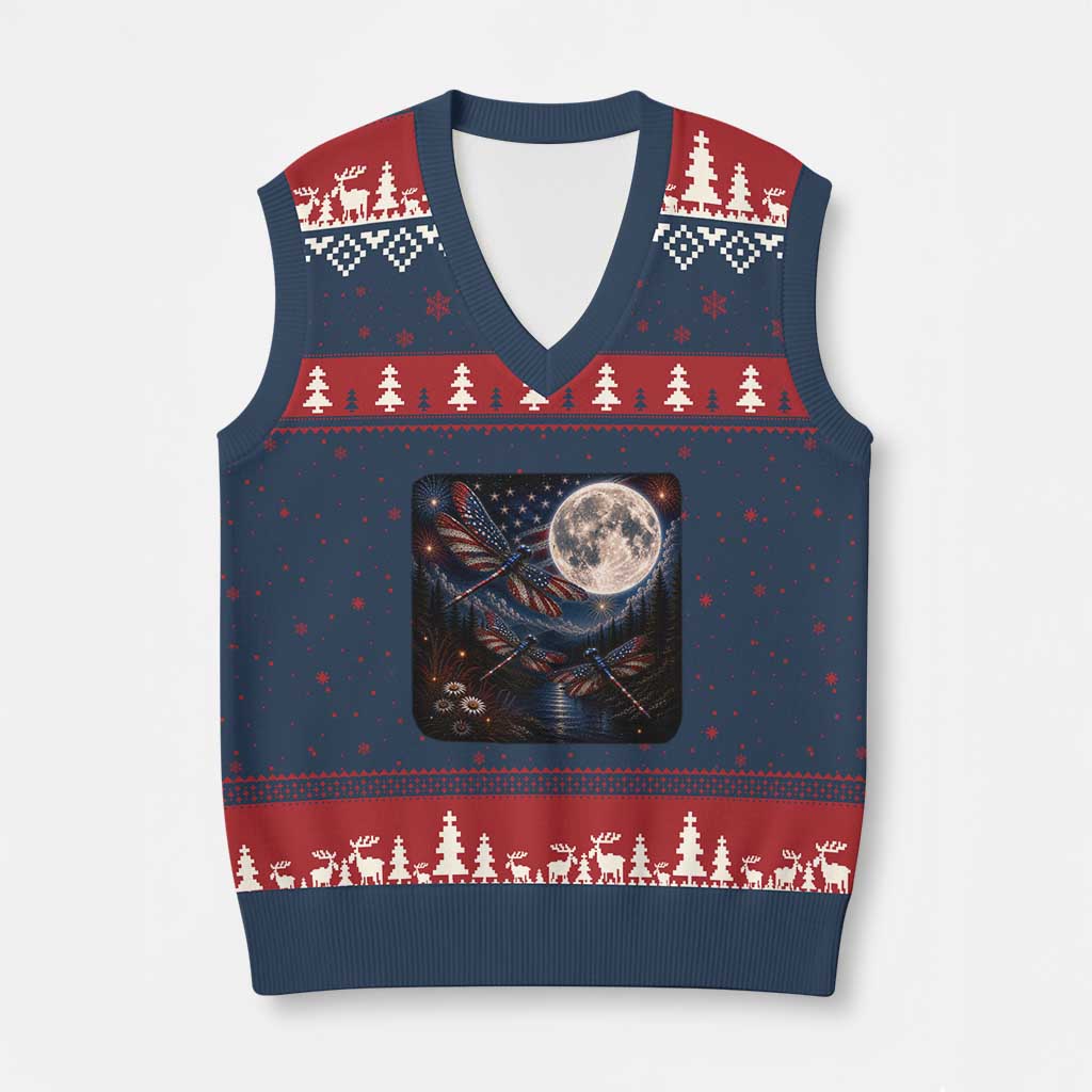 American Flag Dragonfly Patriotic 4th Of July V-Neck Knit Sweater Vest