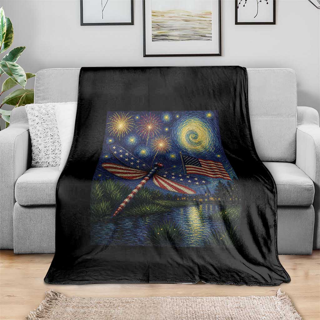 Patriotic Dragonfly Starry Night Swirls Throw Blanket Nature Lovers