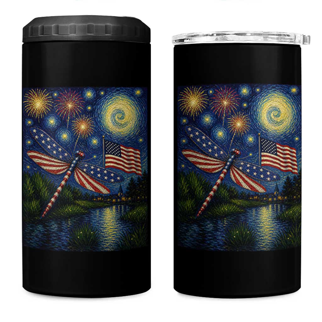 Patriotic Dragonfly Starry Night Swirls 4 in 1 Can Cooler Tumbler Nature Lovers