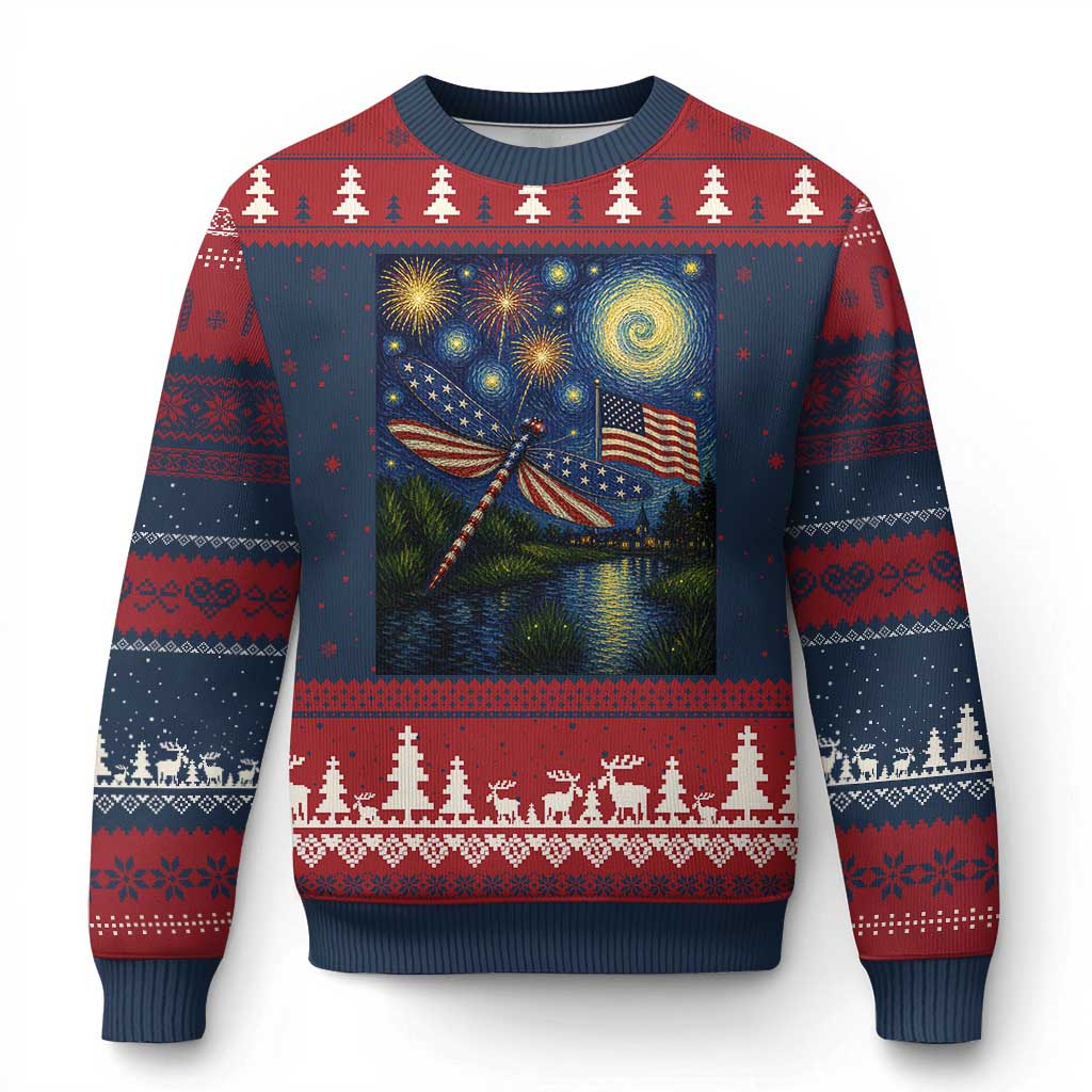 Patriotic Dragonfly Starry Night Swirls Ugly Christmas Sweater Nature Lovers