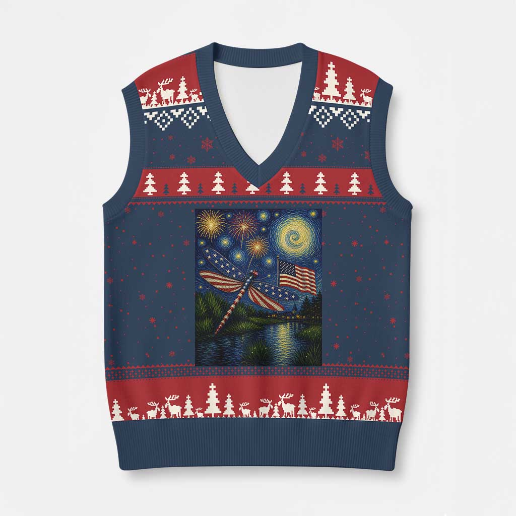 Patriotic Dragonfly Starry Night Swirls V-Neck Knit Sweater Vest Nature Lovers
