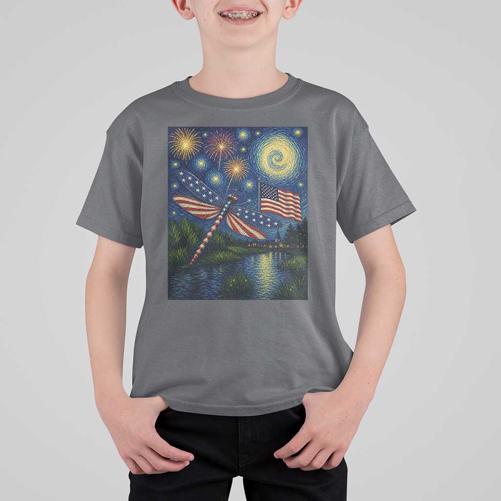 Patriotic Dragonfly Starry Night Swirls T Shirt For Kid Nature Lovers