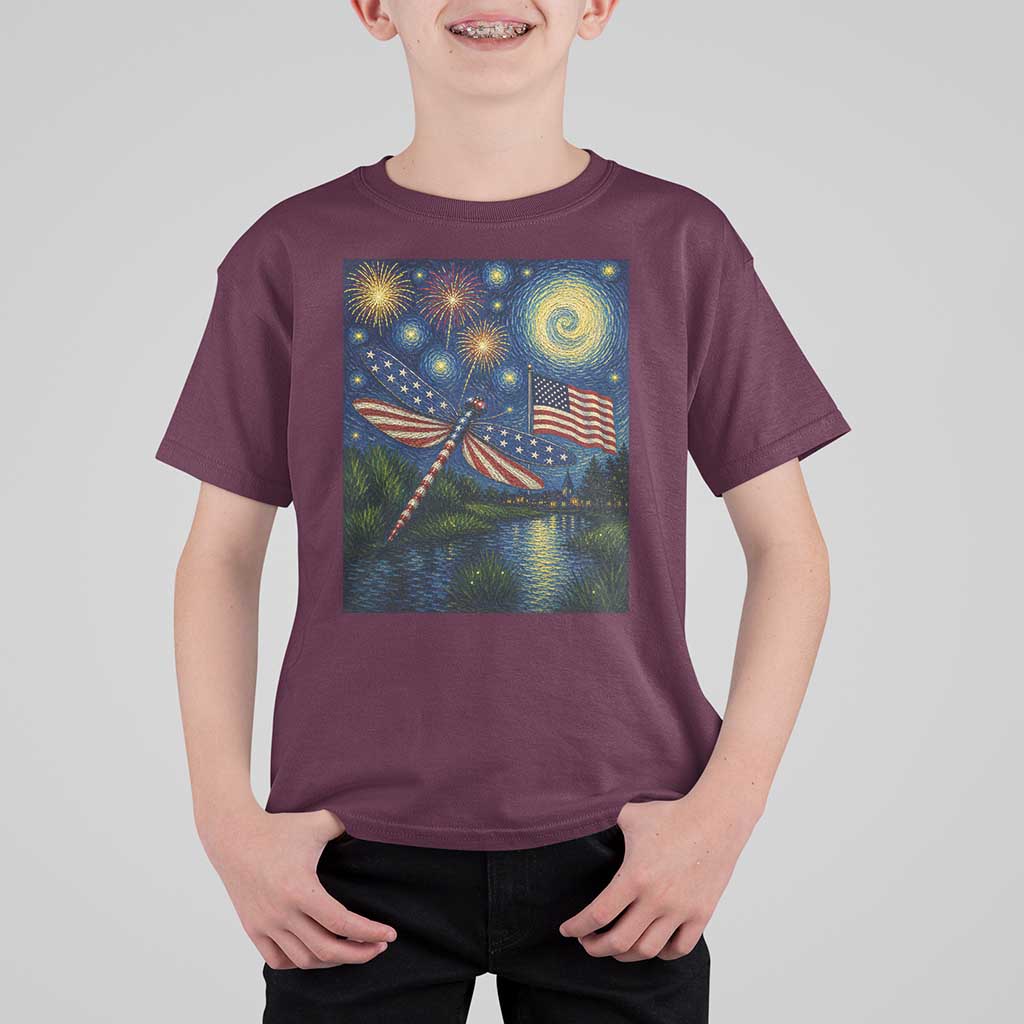 Patriotic Dragonfly Starry Night Swirls T Shirt For Kid Nature Lovers