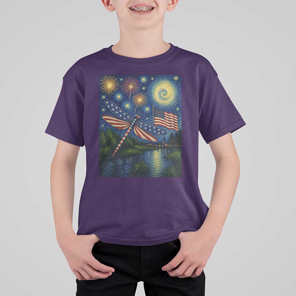 Patriotic Dragonfly Starry Night Swirls T Shirt For Kid Nature Lovers