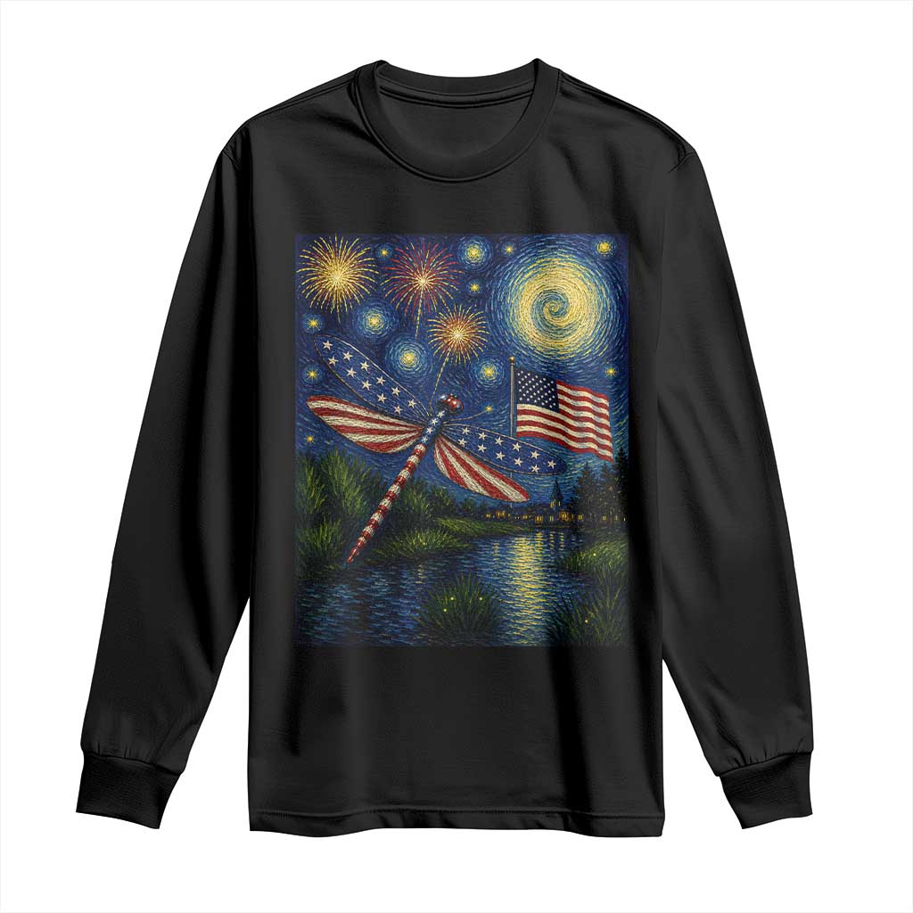 Patriotic Dragonfly Starry Night Swirls Long Sleeve Shirt Nature Lovers