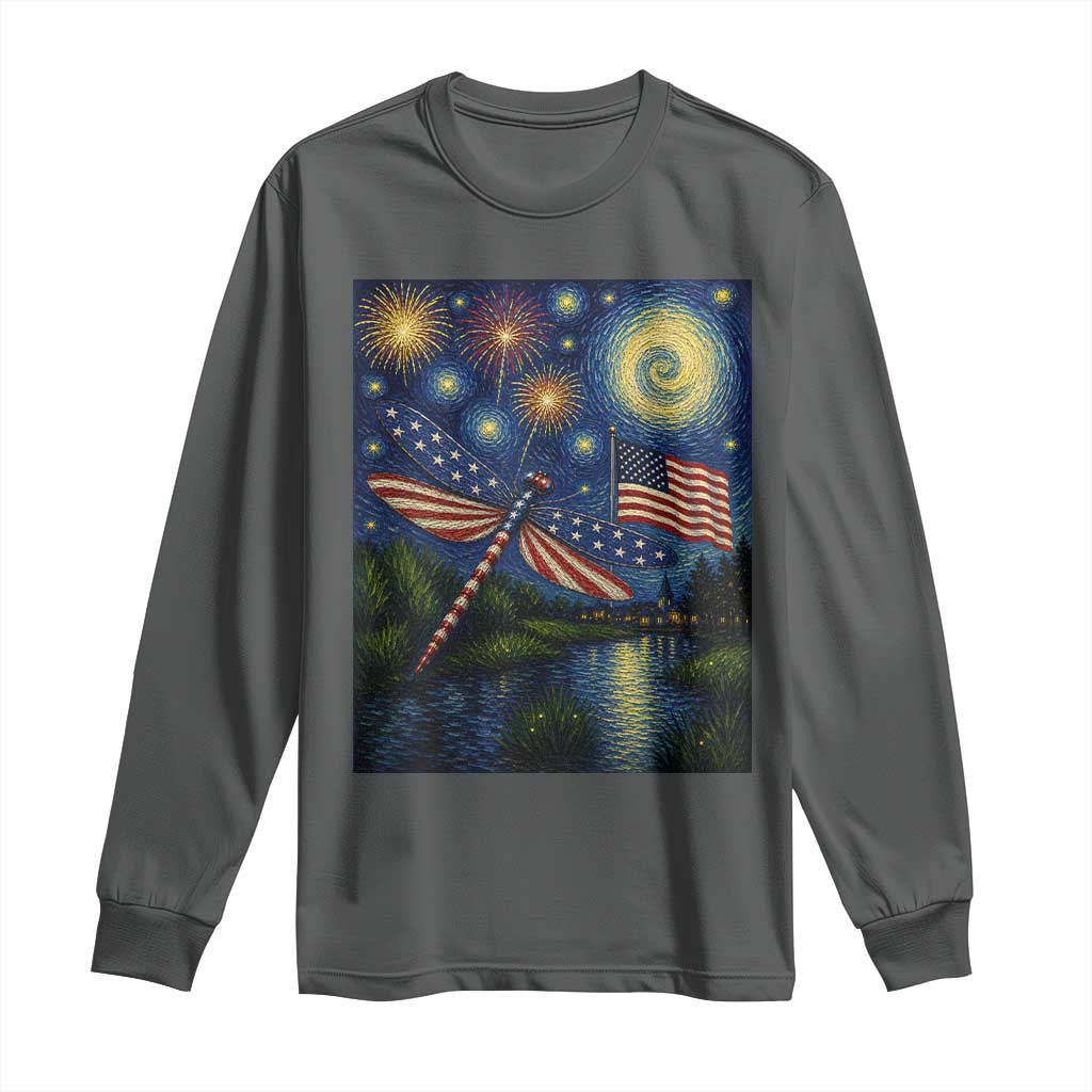 Patriotic Dragonfly Starry Night Swirls Long Sleeve Shirt Nature Lovers