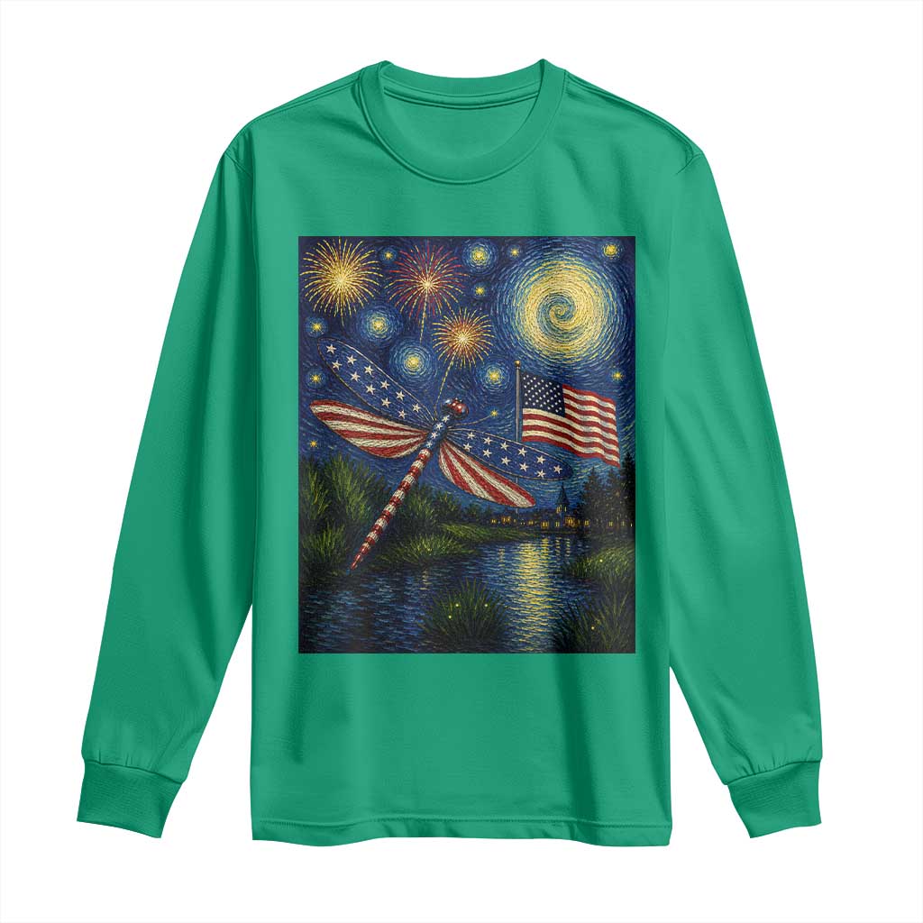 Patriotic Dragonfly Starry Night Swirls Long Sleeve Shirt Nature Lovers
