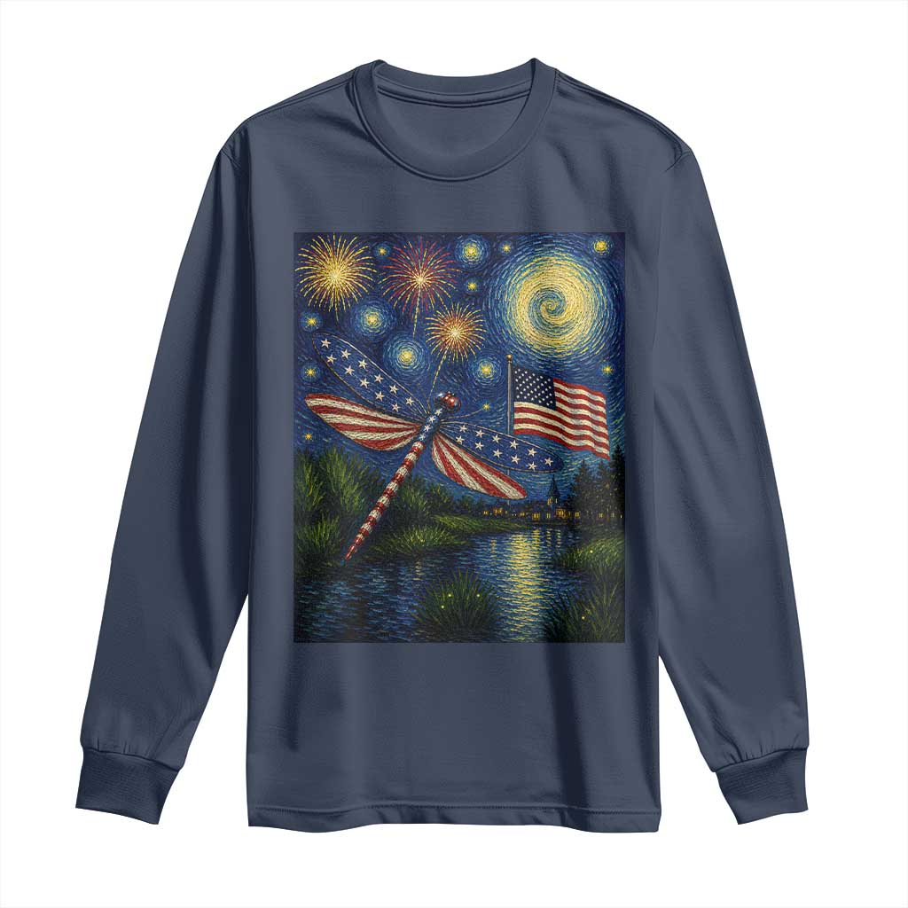 Patriotic Dragonfly Starry Night Swirls Long Sleeve Shirt Nature Lovers