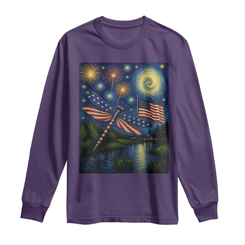 Patriotic Dragonfly Starry Night Swirls Long Sleeve Shirt Nature Lovers
