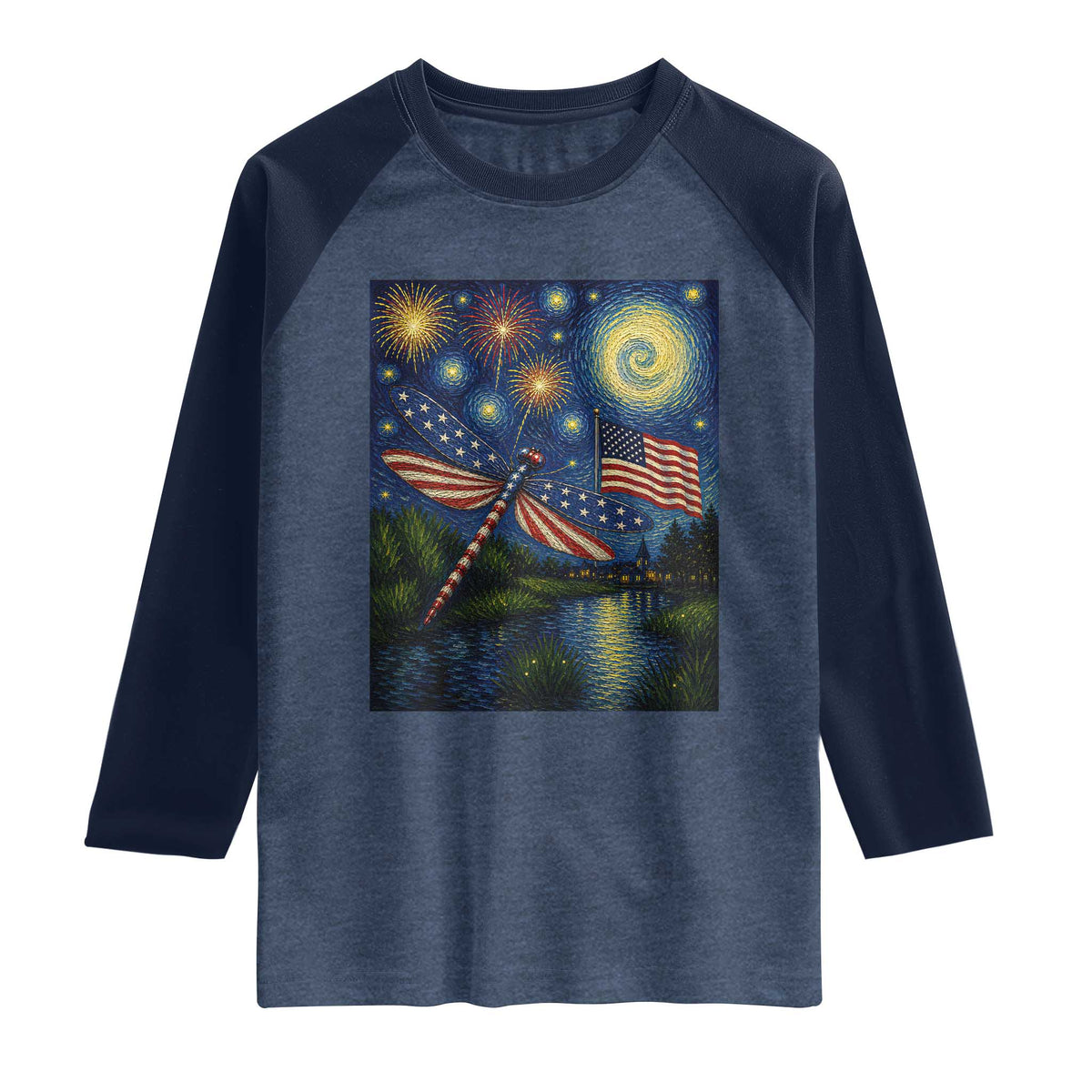 Patriotic Dragonfly Starry Night Swirls Raglan Shirt Nature Lovers