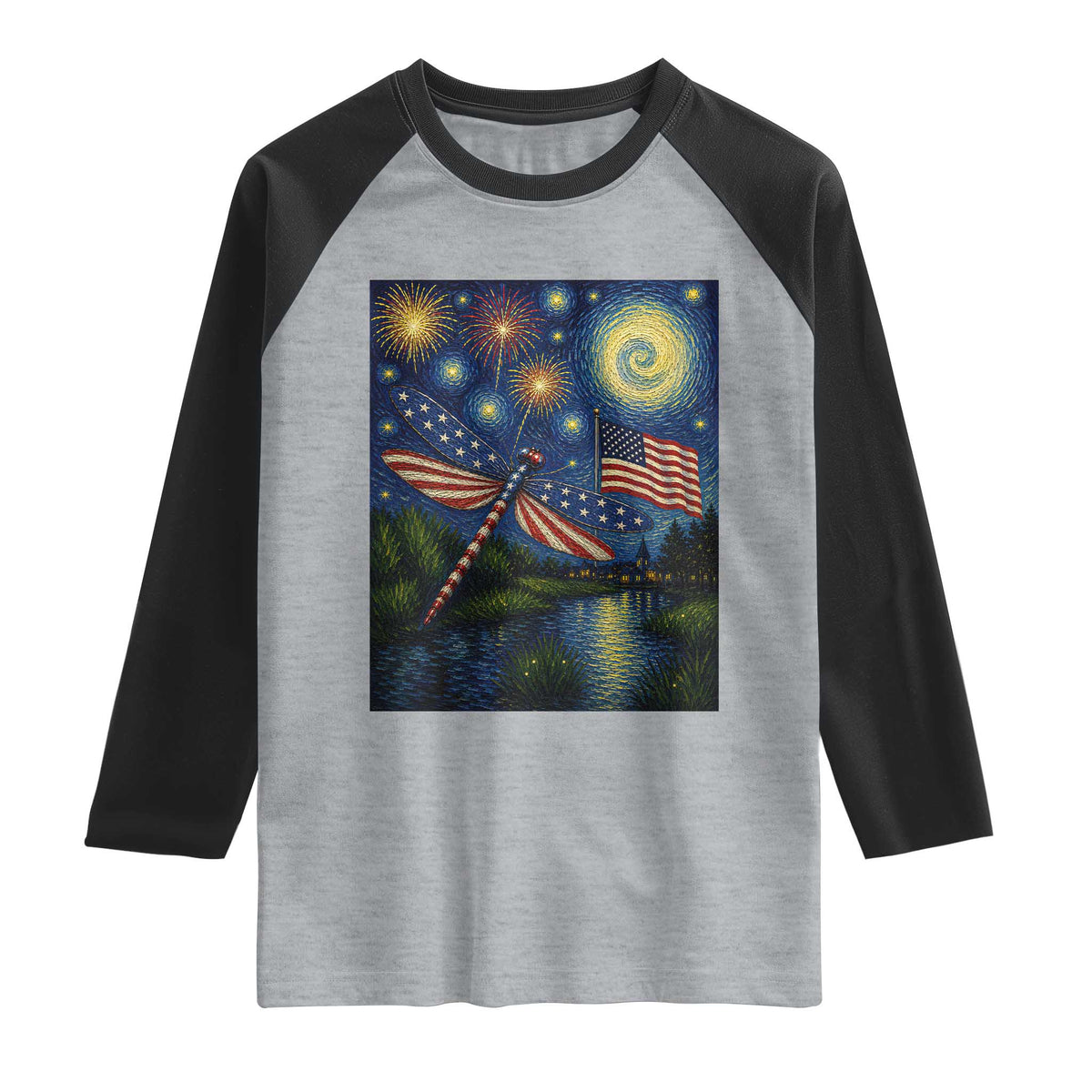Patriotic Dragonfly Starry Night Swirls Raglan Shirt Nature Lovers