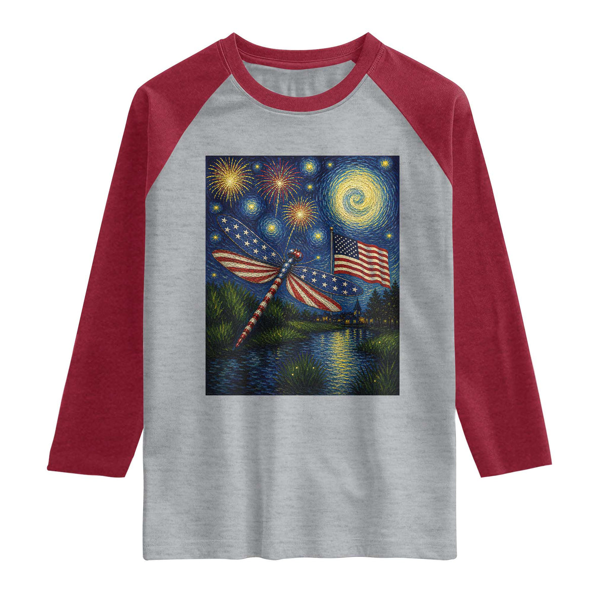 Patriotic Dragonfly Starry Night Swirls Raglan Shirt Nature Lovers