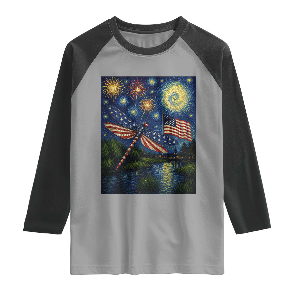 Patriotic Dragonfly Starry Night Swirls Raglan Shirt Nature Lovers