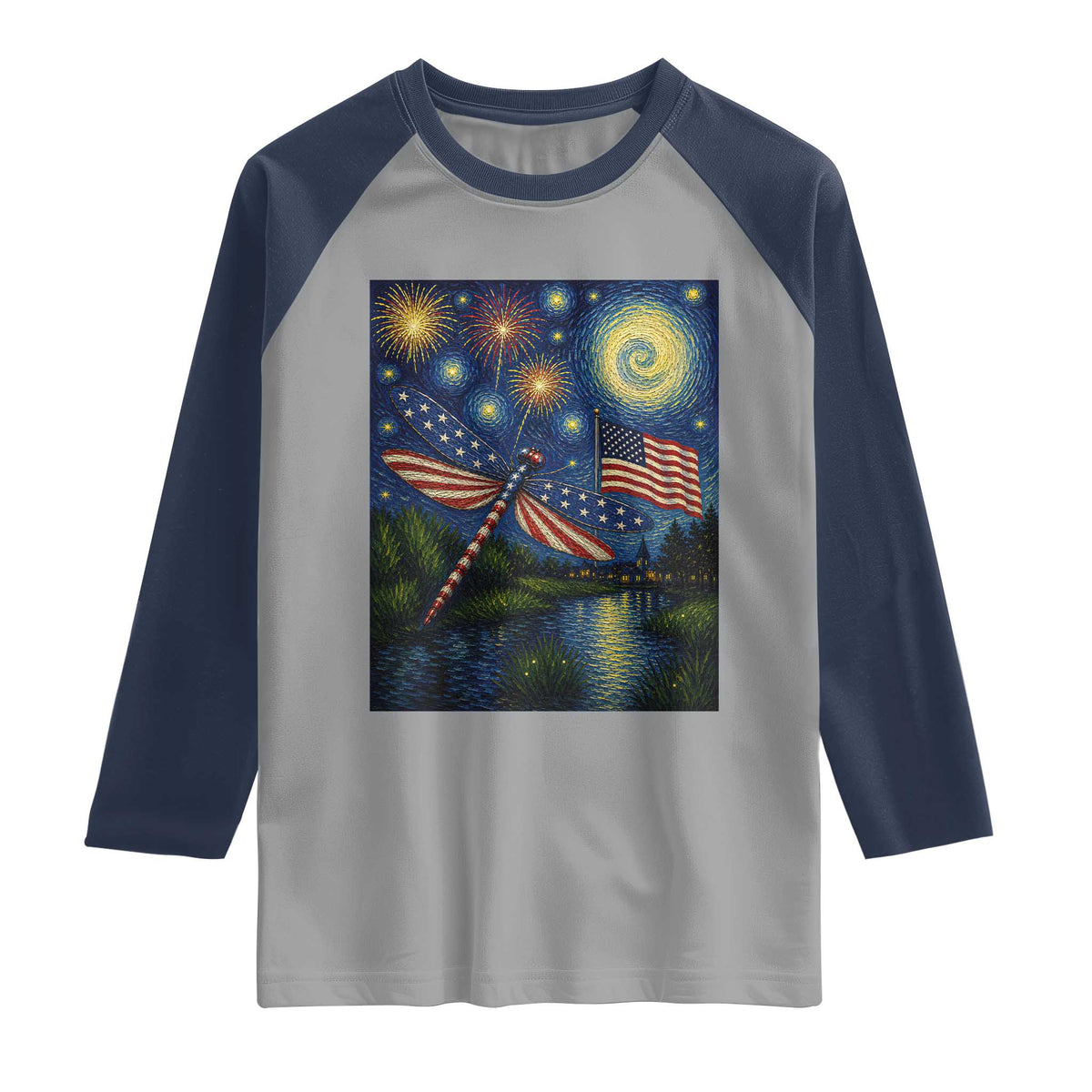 Patriotic Dragonfly Starry Night Swirls Raglan Shirt Nature Lovers