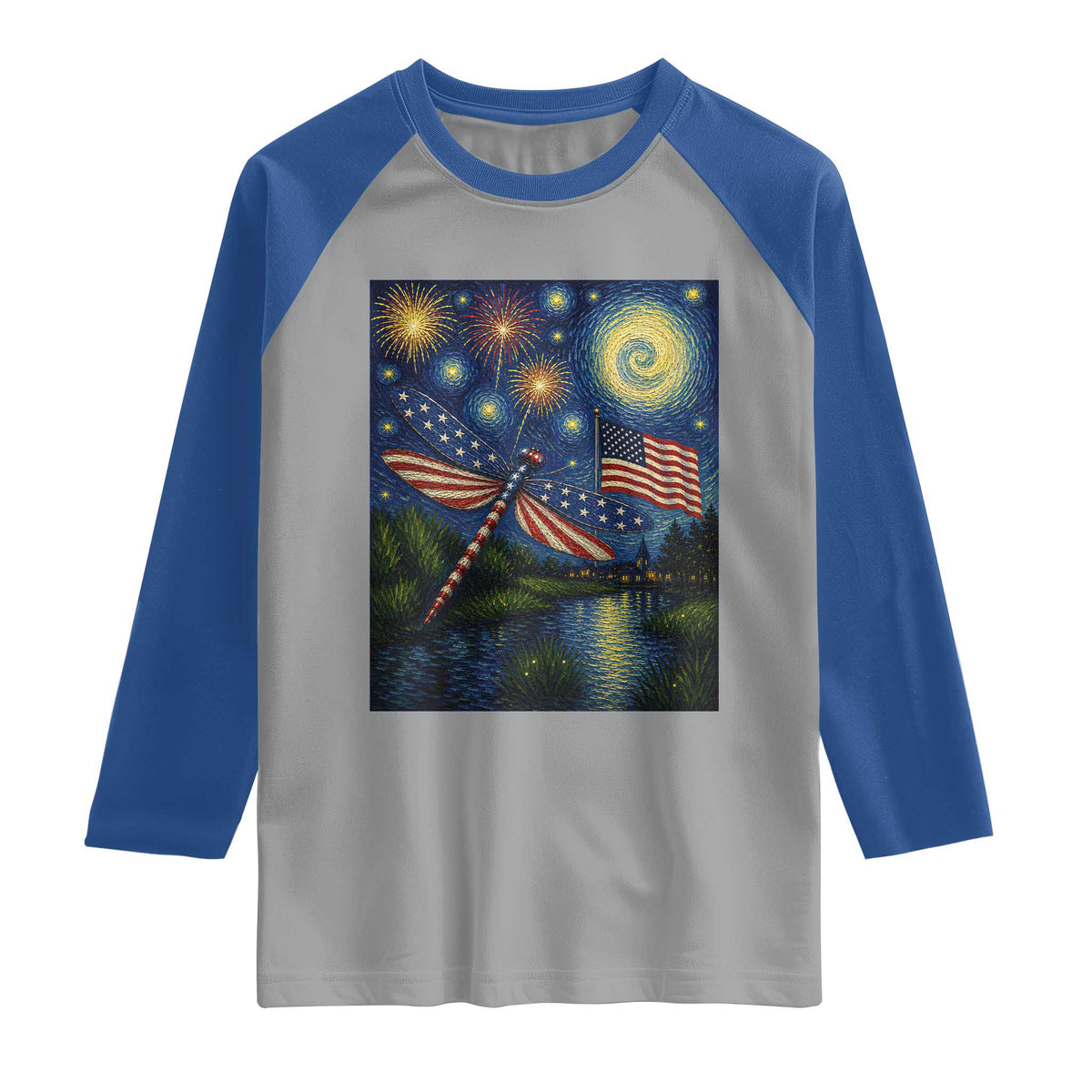 Patriotic Dragonfly Starry Night Swirls Raglan Shirt Nature Lovers