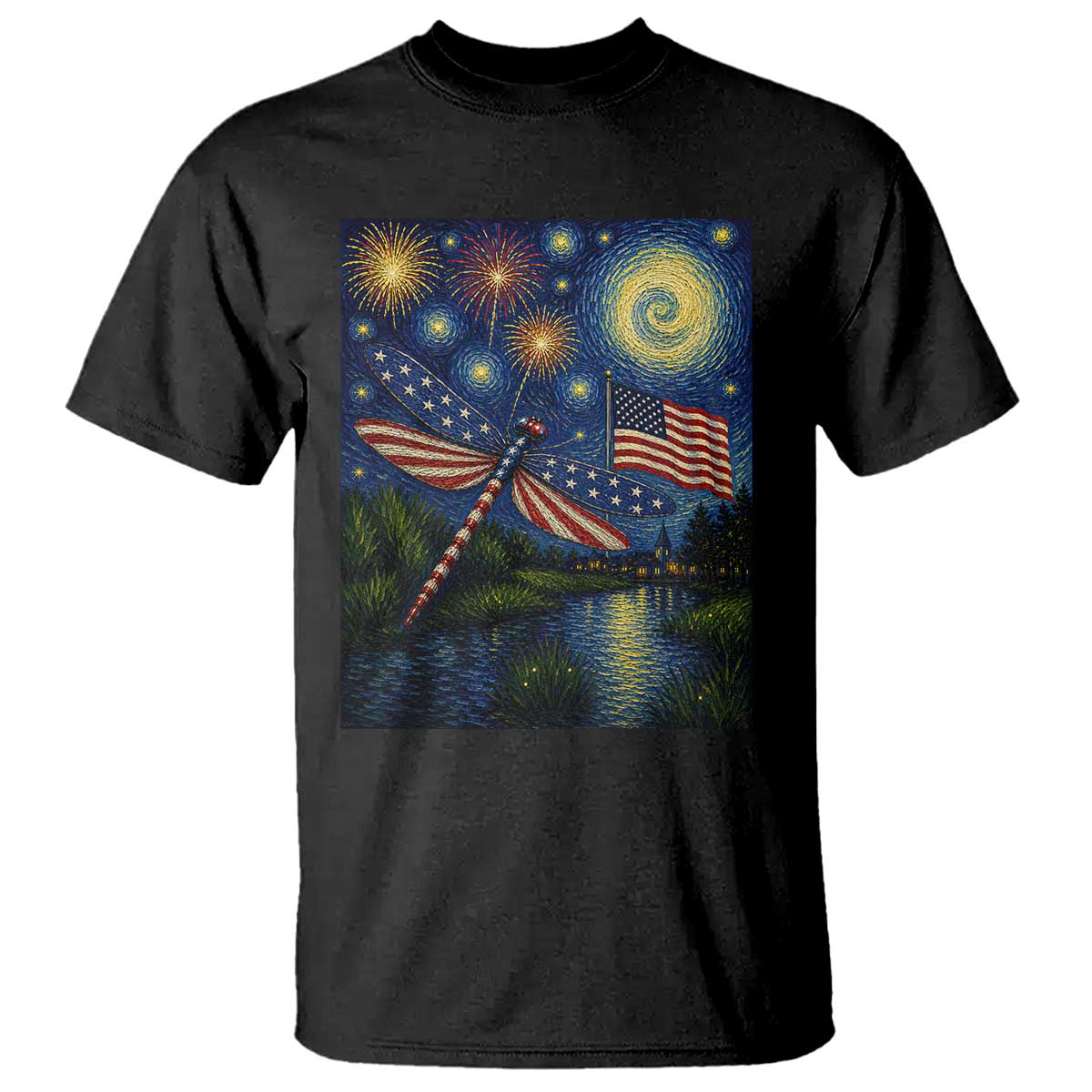 Patriotic Dragonfly Starry Night Swirls T Shirt Nature Lovers
