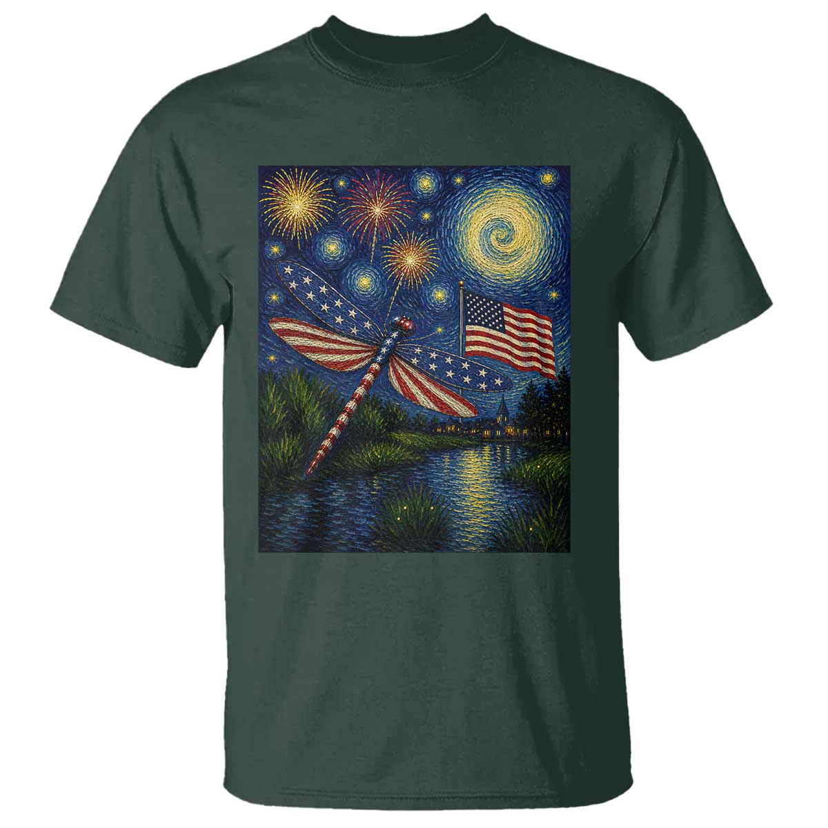 Patriotic Dragonfly Starry Night Swirls T Shirt Nature Lovers