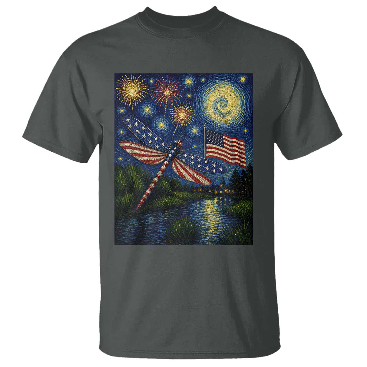 Patriotic Dragonfly Starry Night Swirls T Shirt Nature Lovers